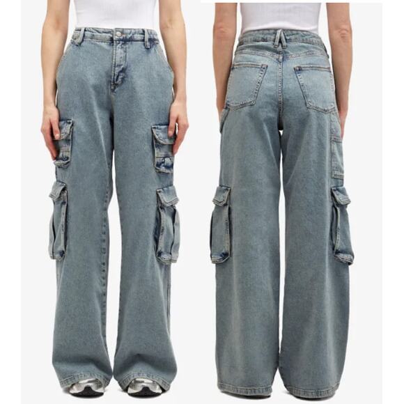 NWT Good American High Rise Wide Leg Denim Cargo Pants Indigo Women's Size US 2 - Picture 1 of 9